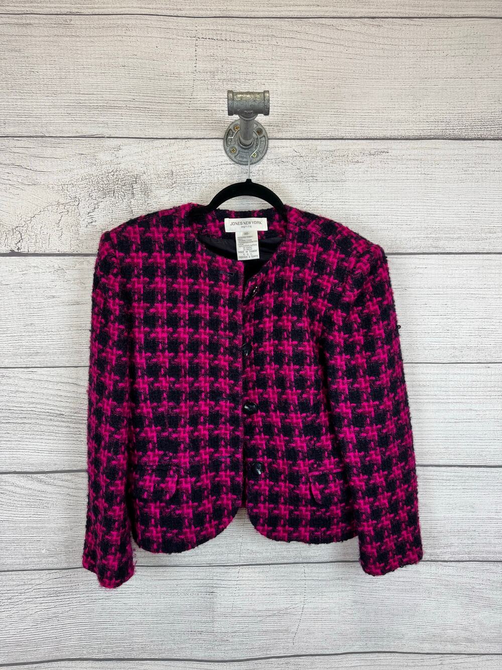 Jones New York Women's Pink Houndstooth Wool Jacket Size 10 Petite